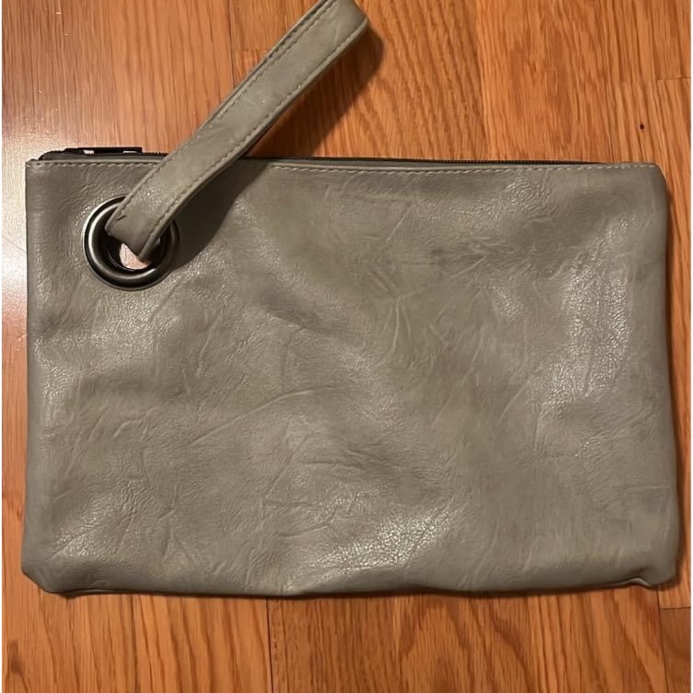 Gray leather clutch
